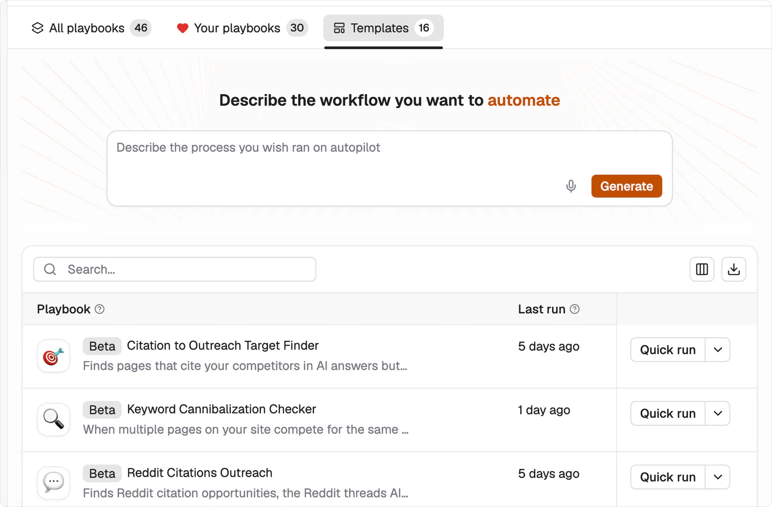 The Templates tab of the playbook library, showing shipped playbooks with Beta badges