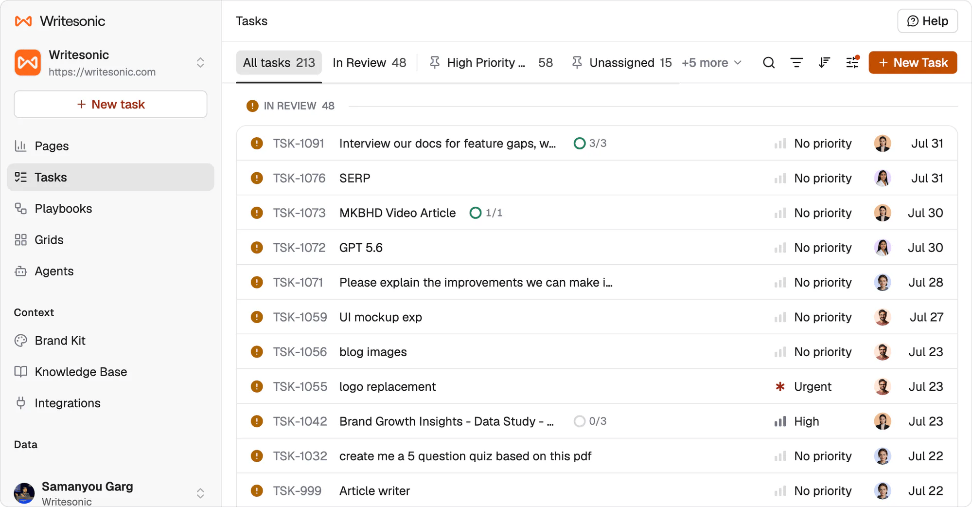 The Writesonic Agents task list grouped by status, with counts for All tasks, In Review, Active and My Tasks