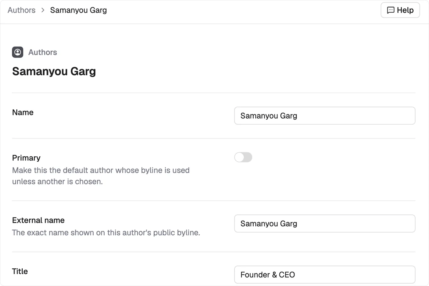 The top of an author profile showing the Name, Primary, External name and Title fields