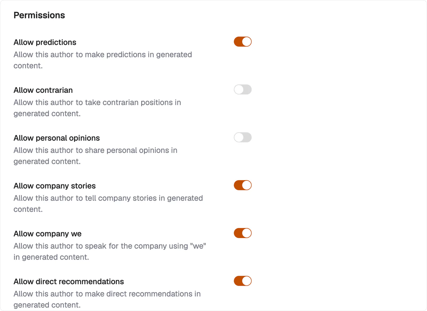 The Permissions section of an author profile, with a toggle and description for each permission