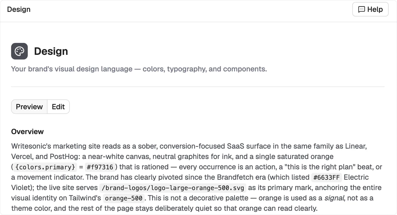 Brand Kit Design section showing a written visual system in Preview view