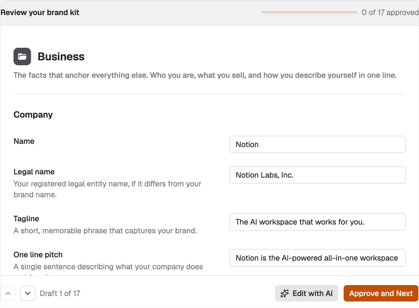 The Brand Kit review flow showing a generated Business section with Edit with AI and Approve and Next in the footer