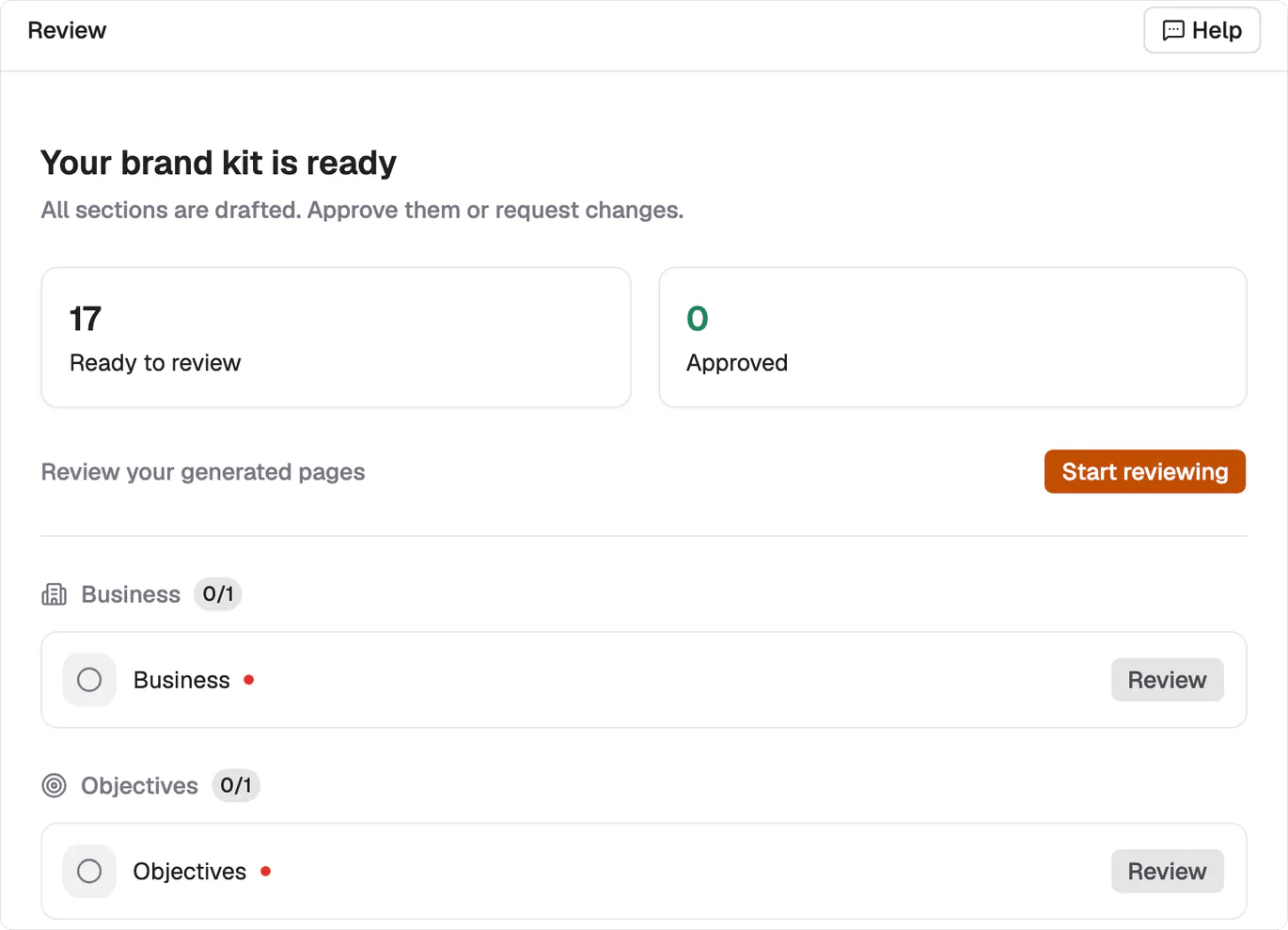 The Brand Kit review screen showing 17 drafts ready to review, 0 approved, and a Review button on each section
