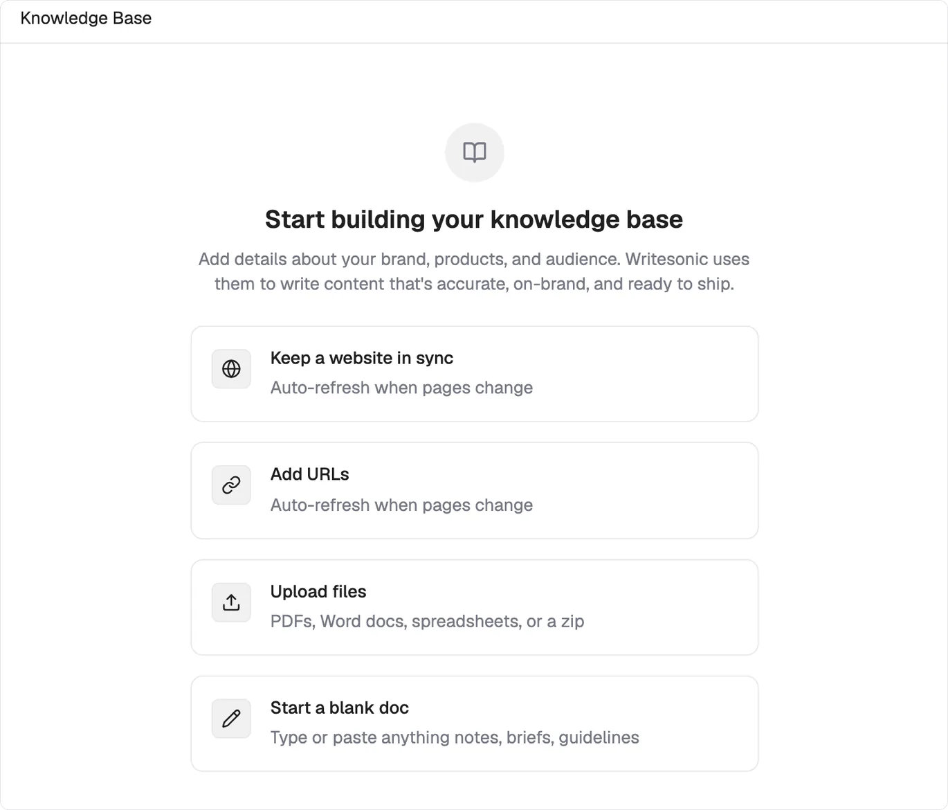 The empty Knowledge Base offering Keep a website in sync, Add URLs, Upload files and Start a blank doc