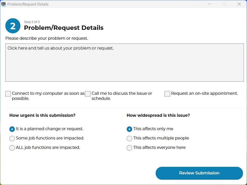Problem and request details form