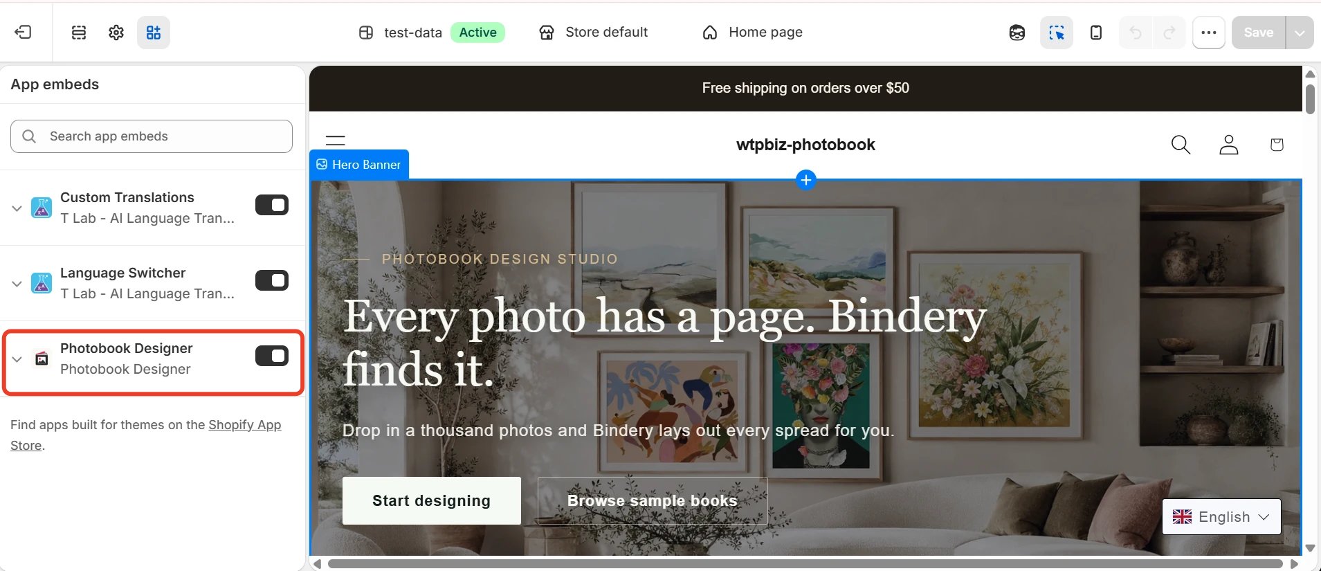 Photobook Designer app embed switched on in the theme editor