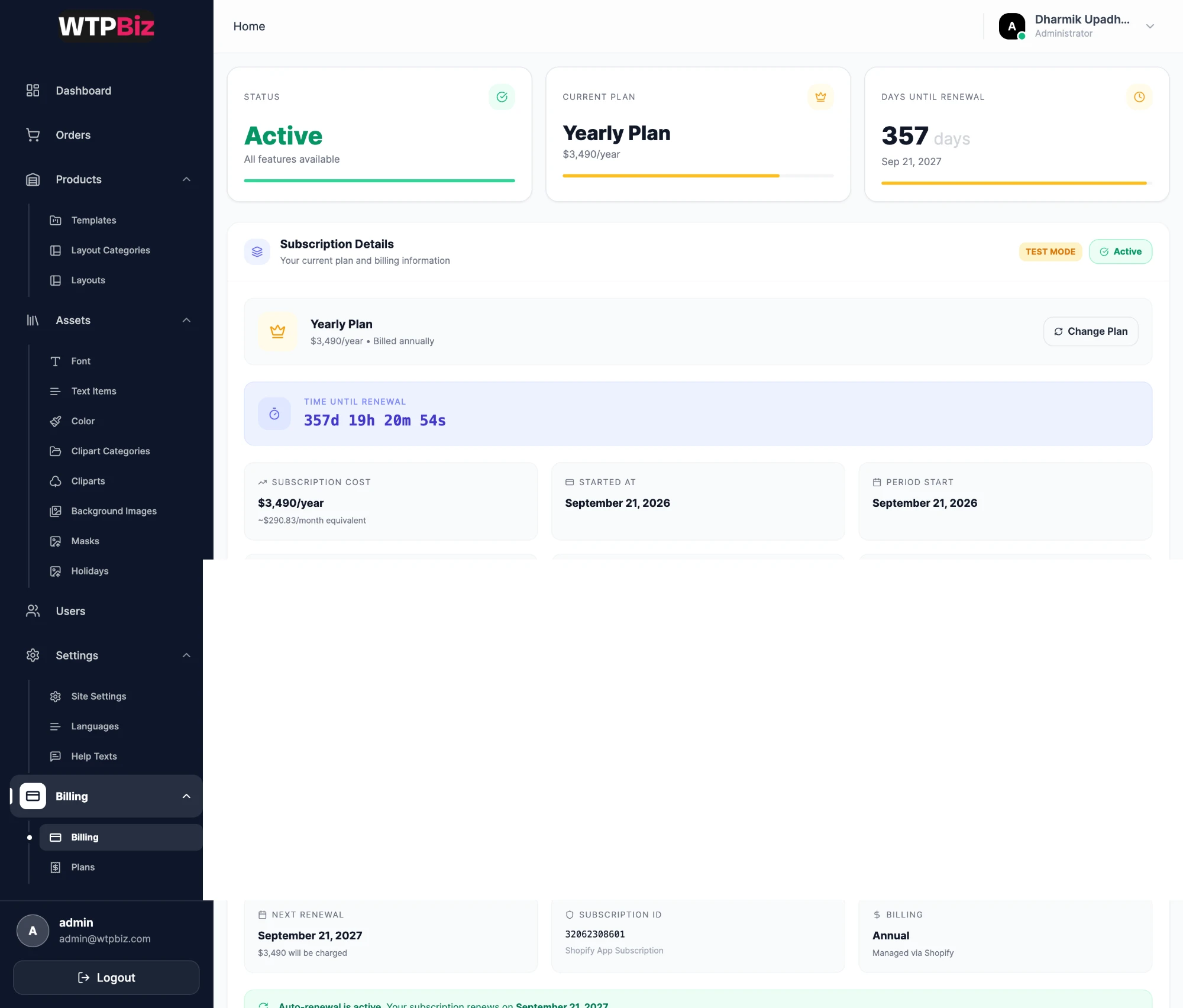 Billing page