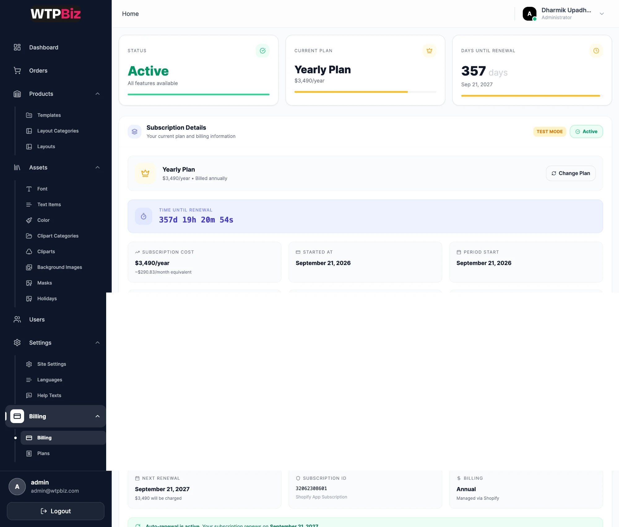 Billing page