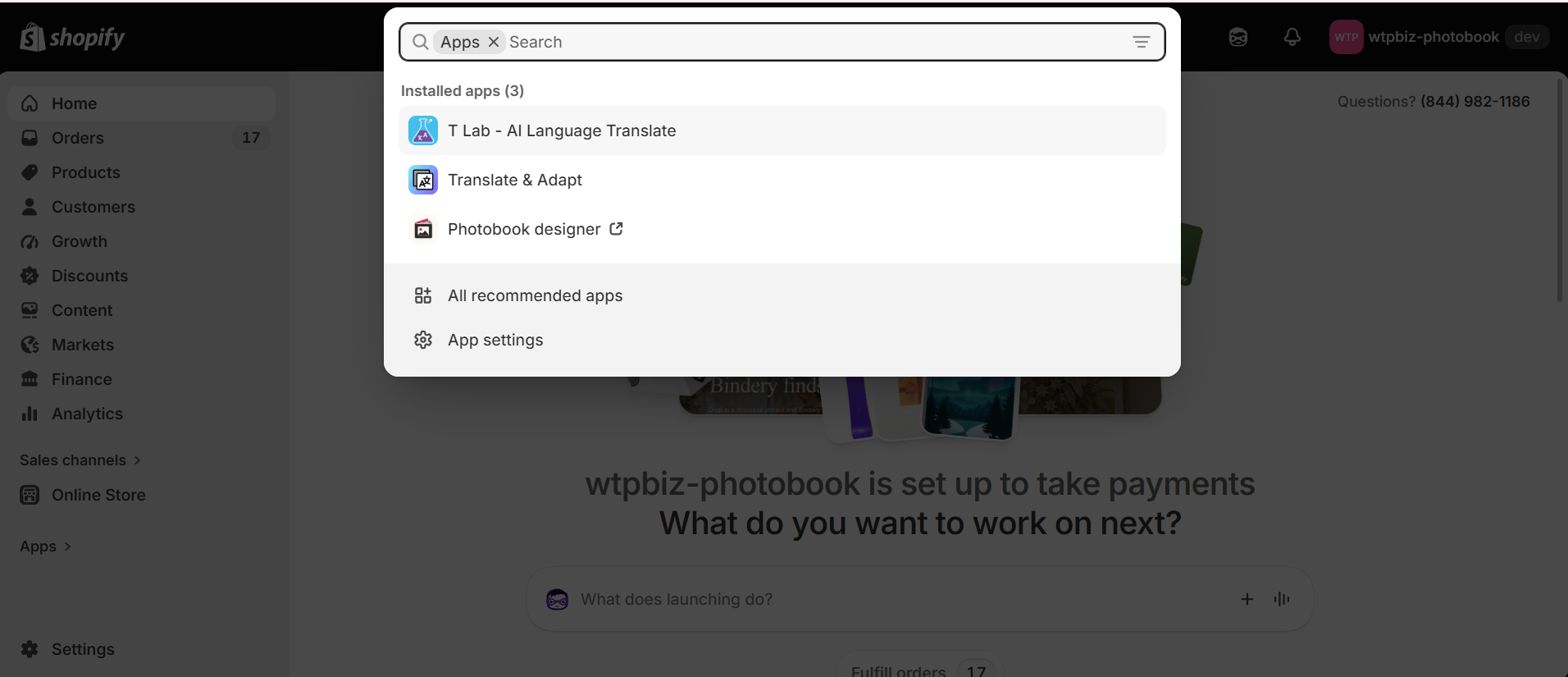 Photobook designer listed under Apps in Shopify admin