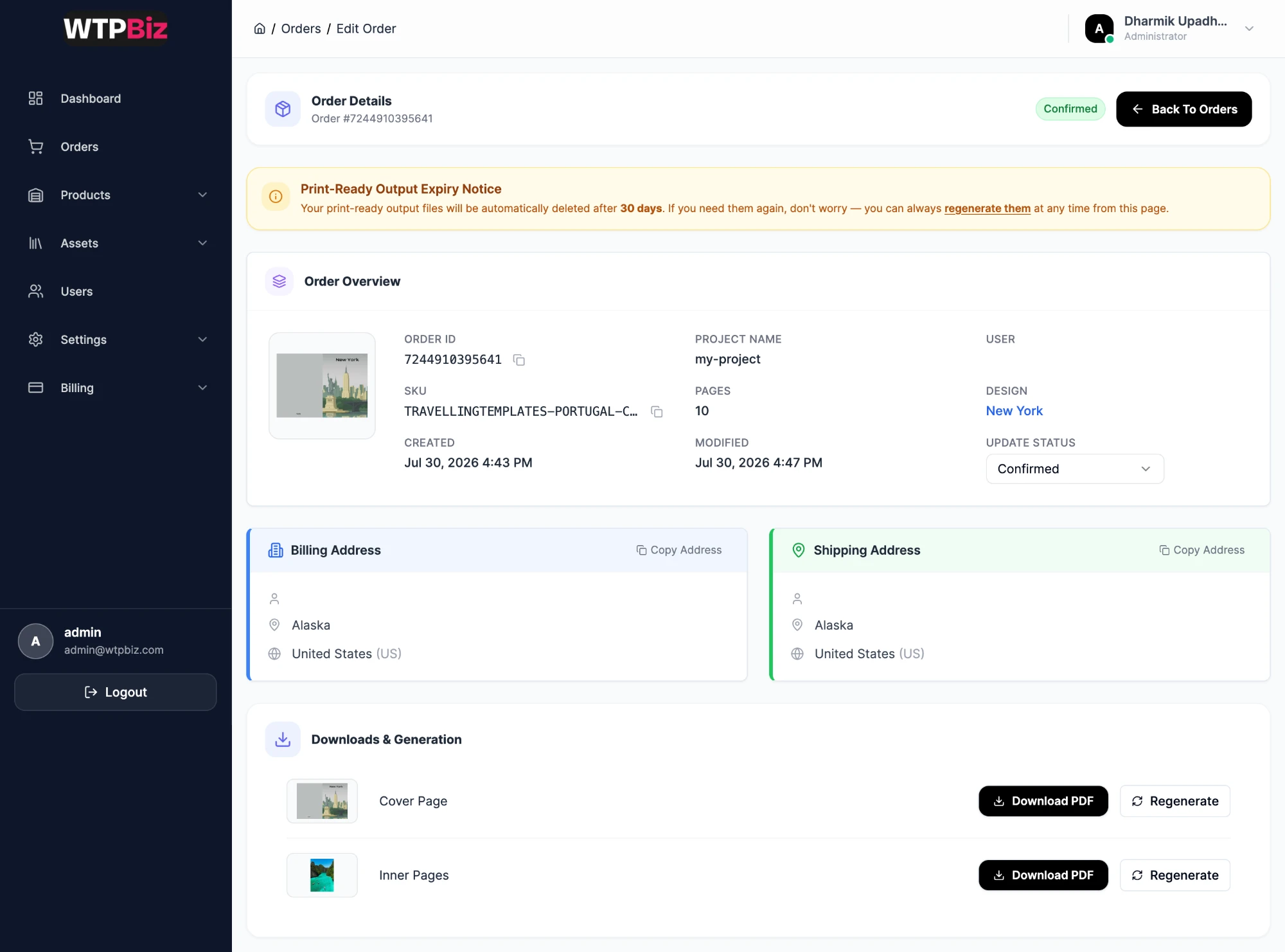 Order detail page with print file downloads