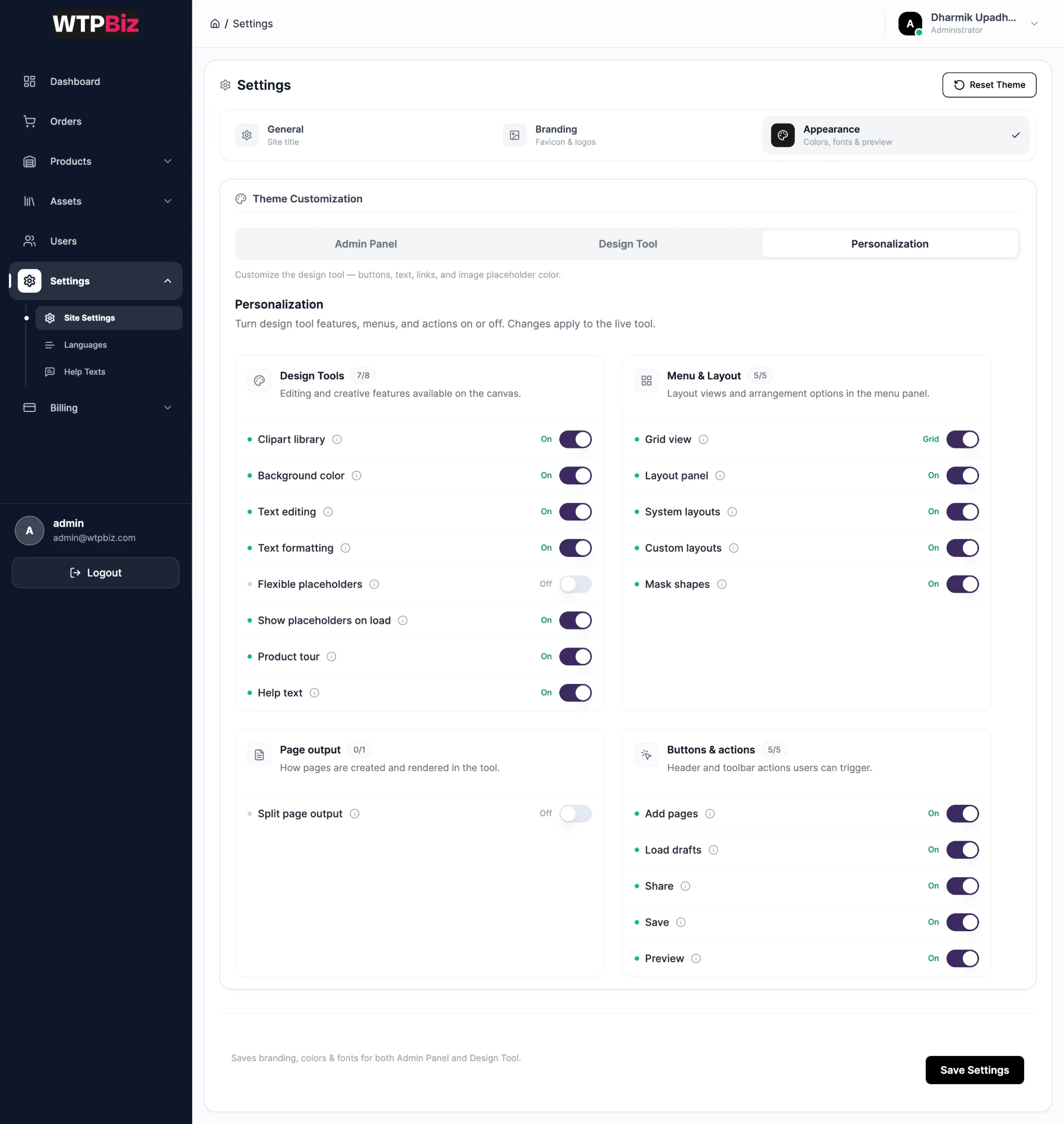Appearance tab, Personalization switches