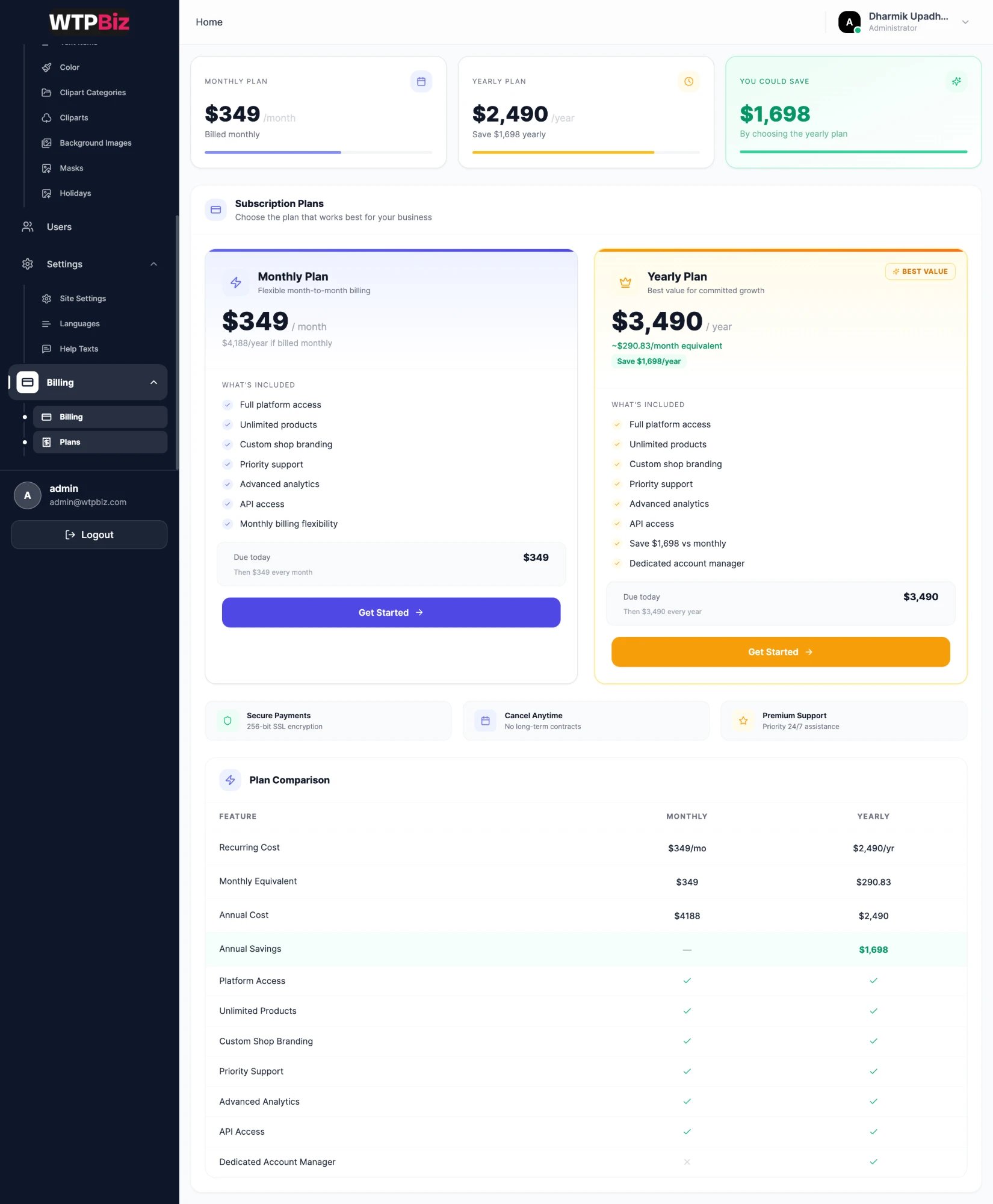 Plans page