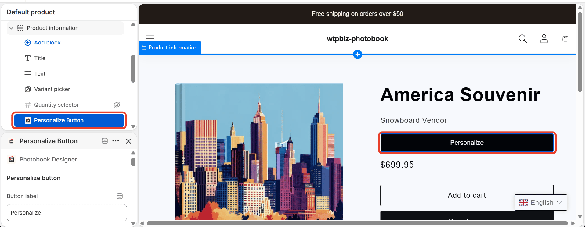 Personalize Button block added to the product template and shown on the product page