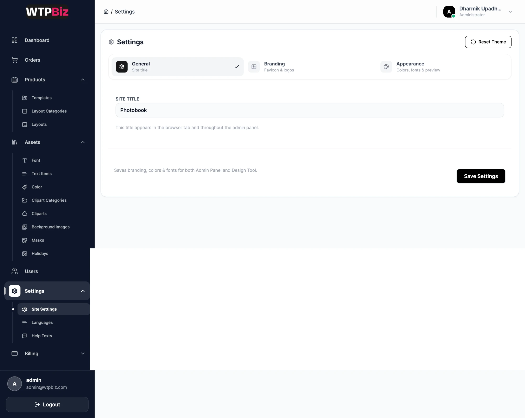 Site Settings General tab