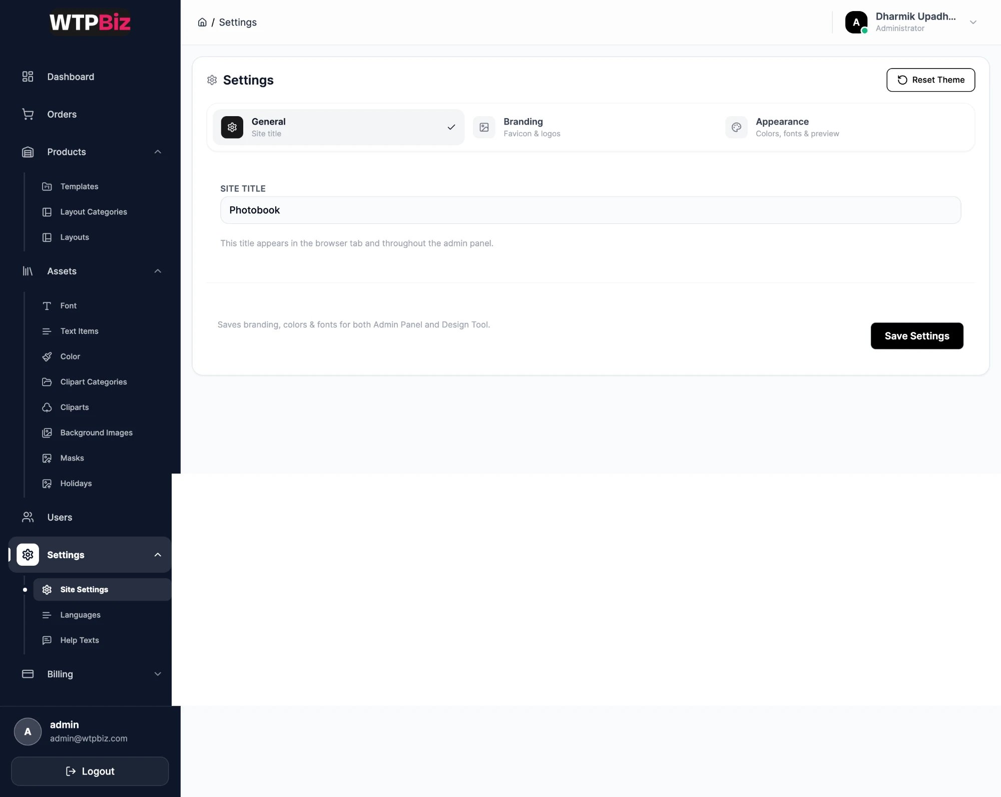 Site Settings General tab