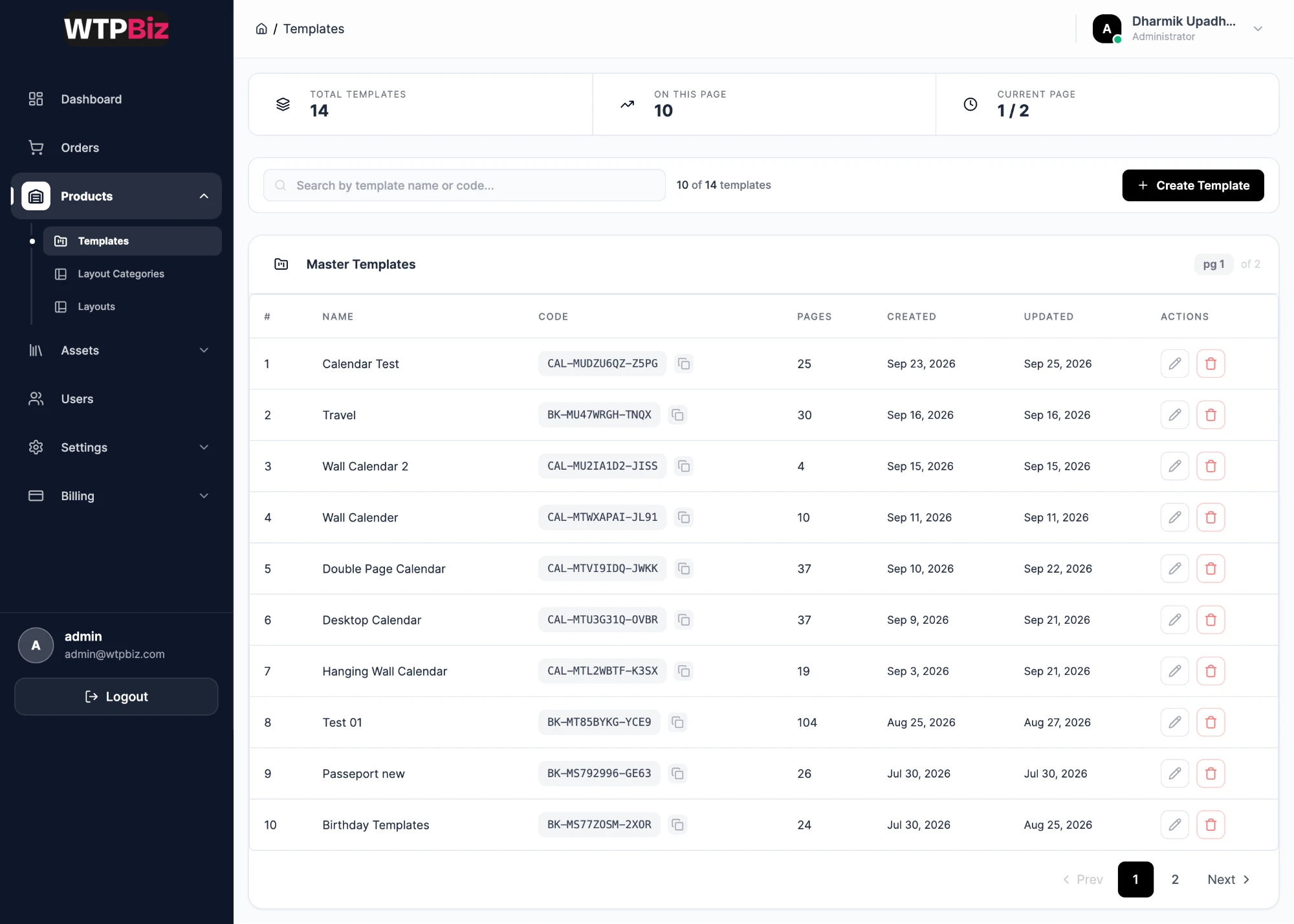 Templates list