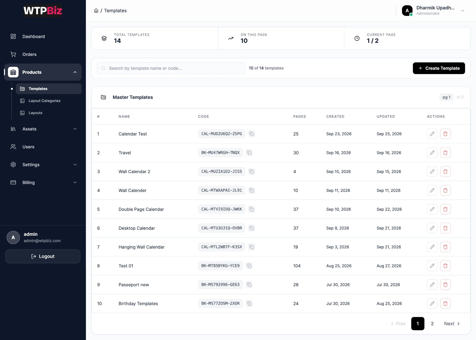 Templates list