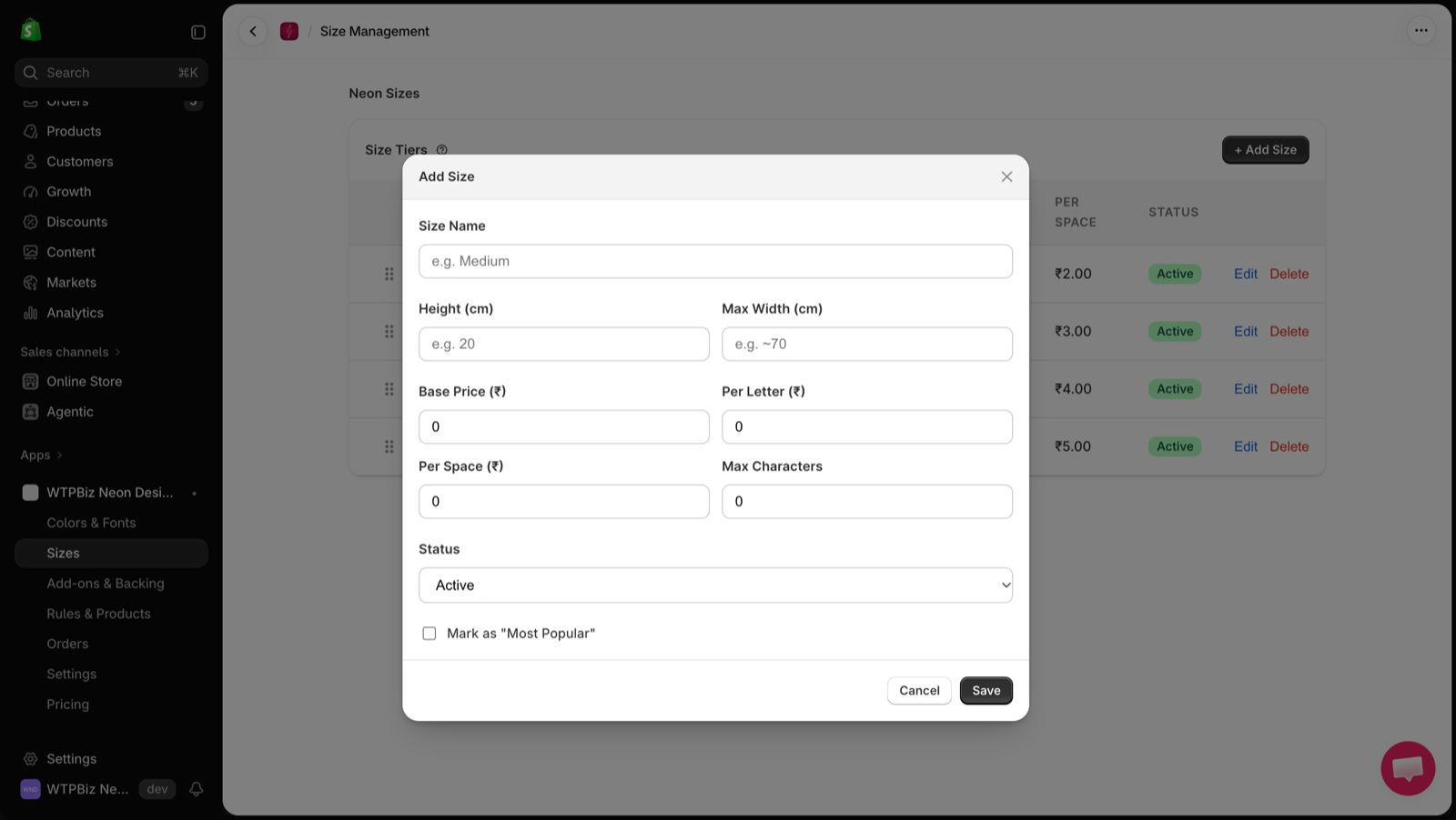 Add Size form
