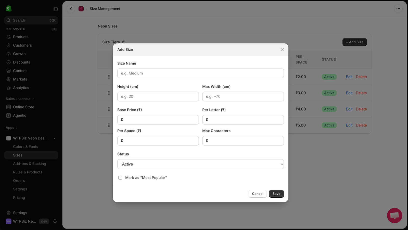 Add Size form