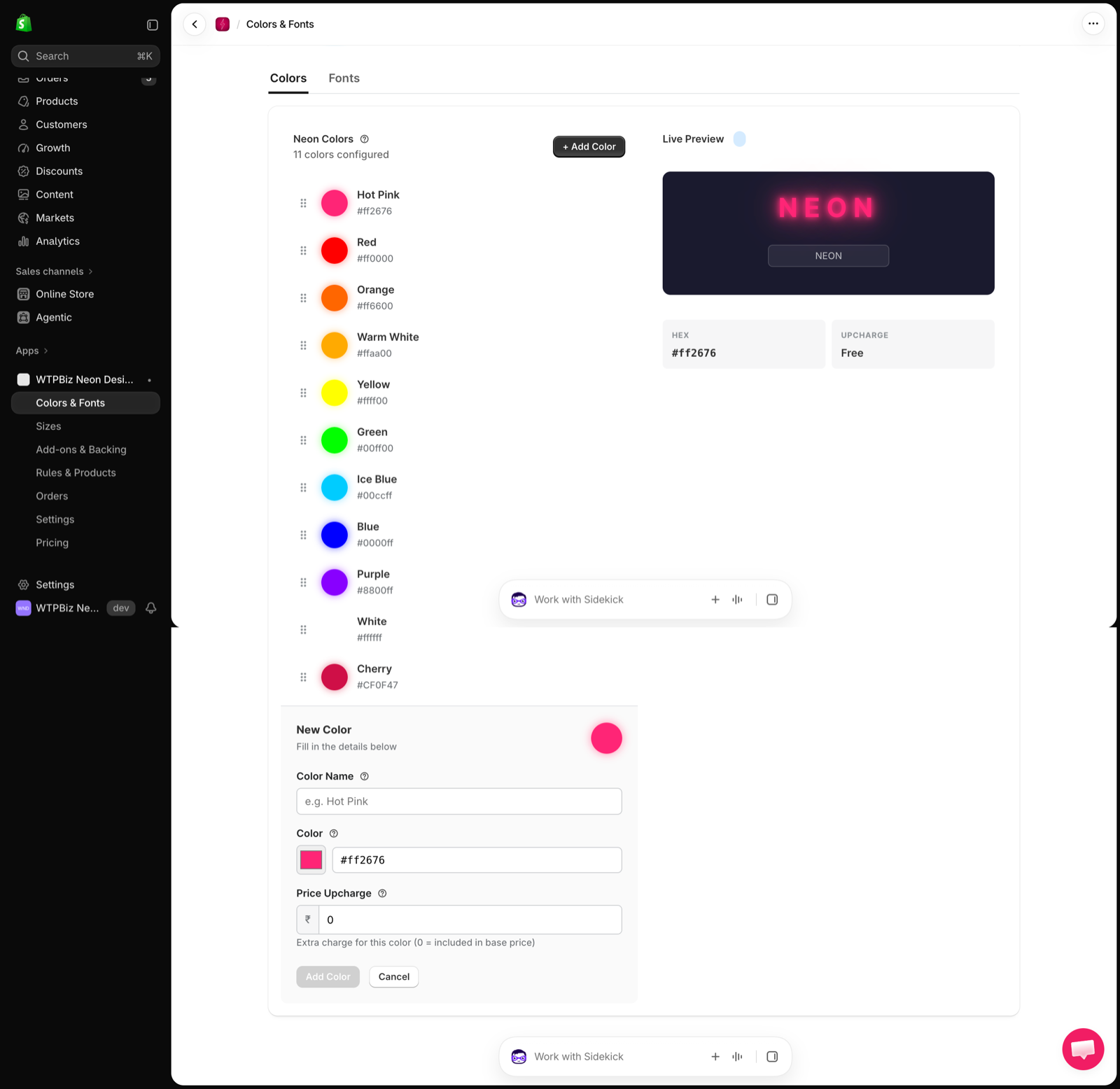 Neon Colors list with live preview and New Color form