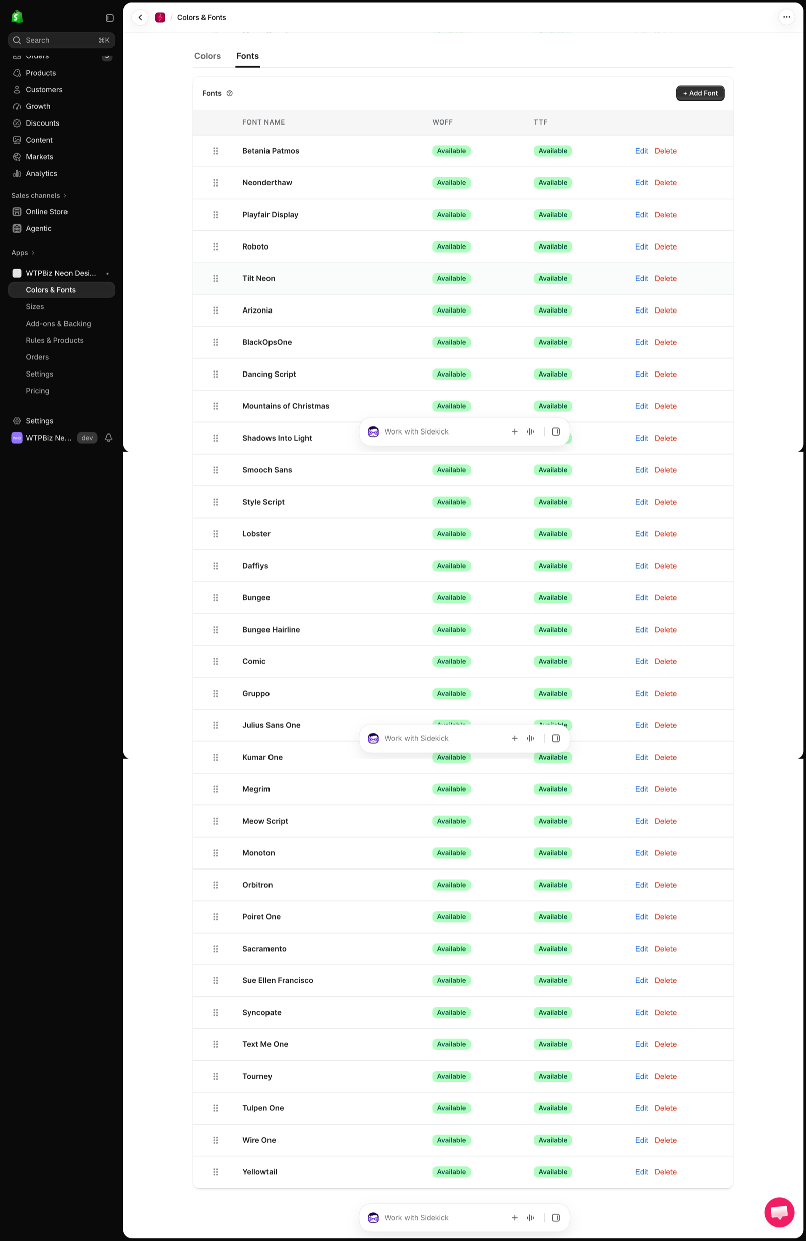 Fonts list with WOFF and TTF status