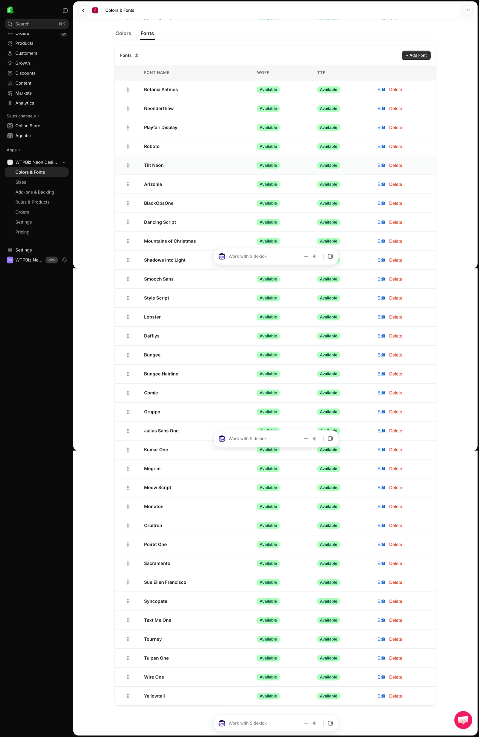 Fonts list with WOFF and TTF status