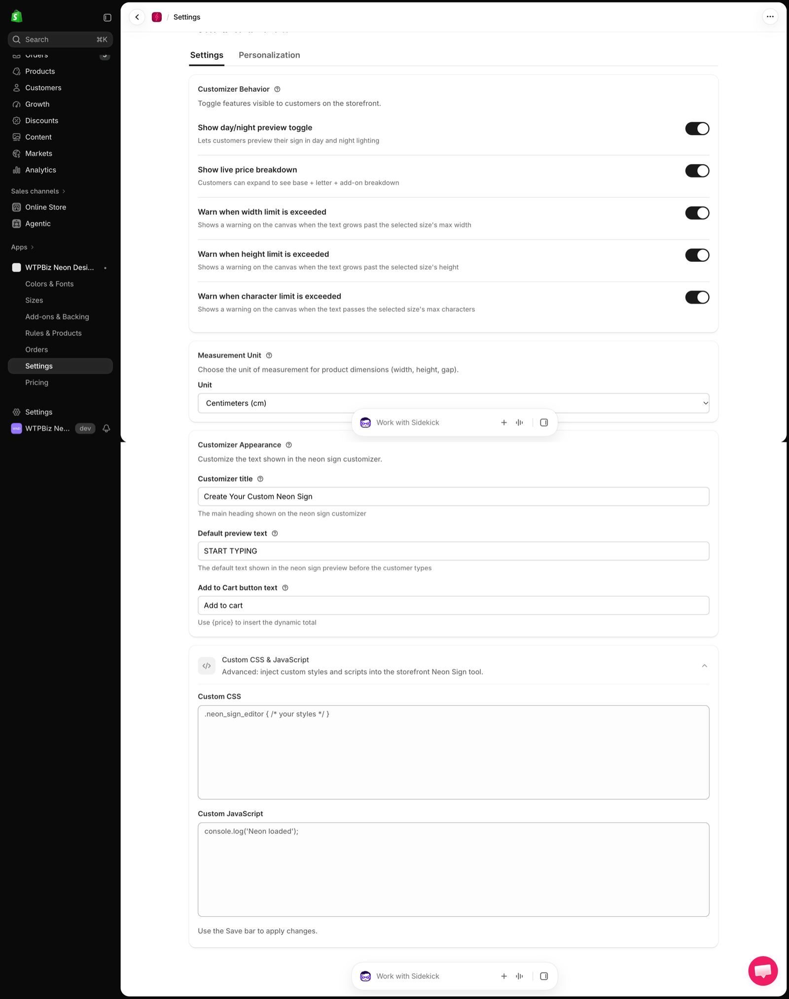 Neon Designer settings