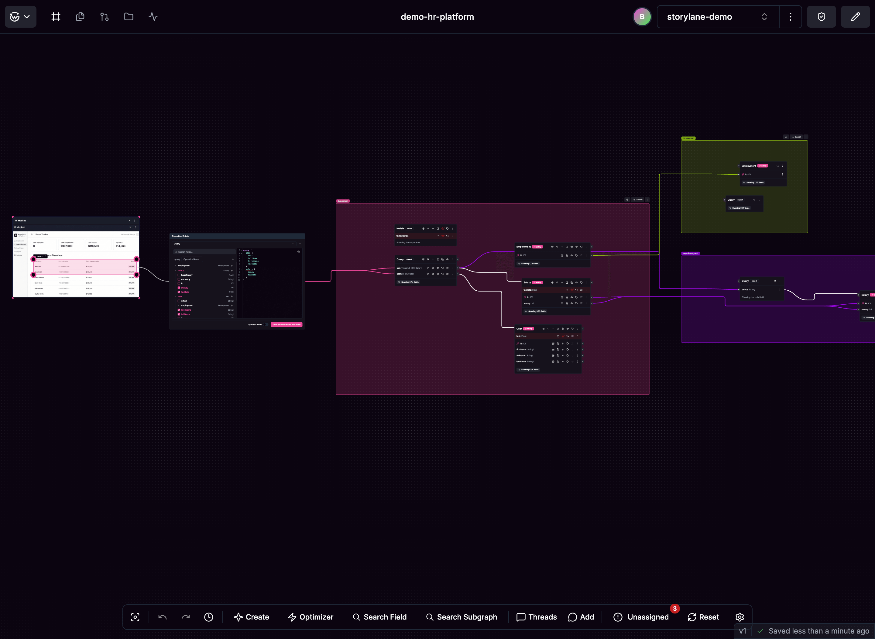 Canvas interface showing UI Mock, Operation Builder, and schema elements