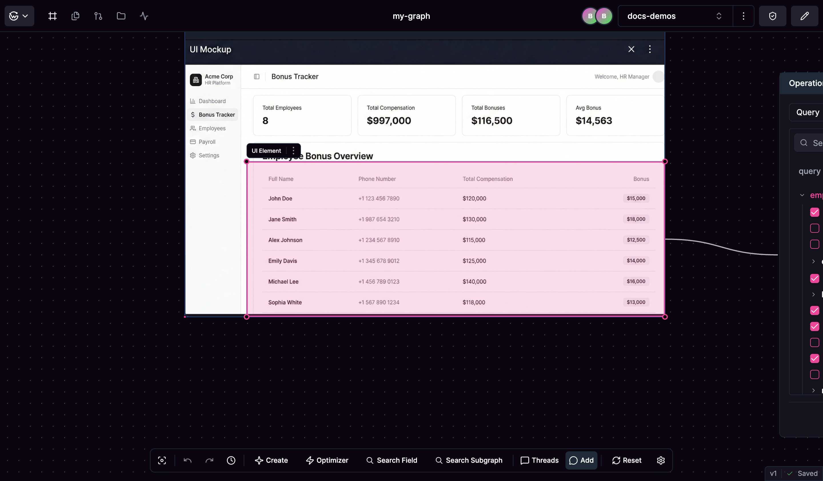 UI Mock with highlighted sections and connected Operation Builder node
