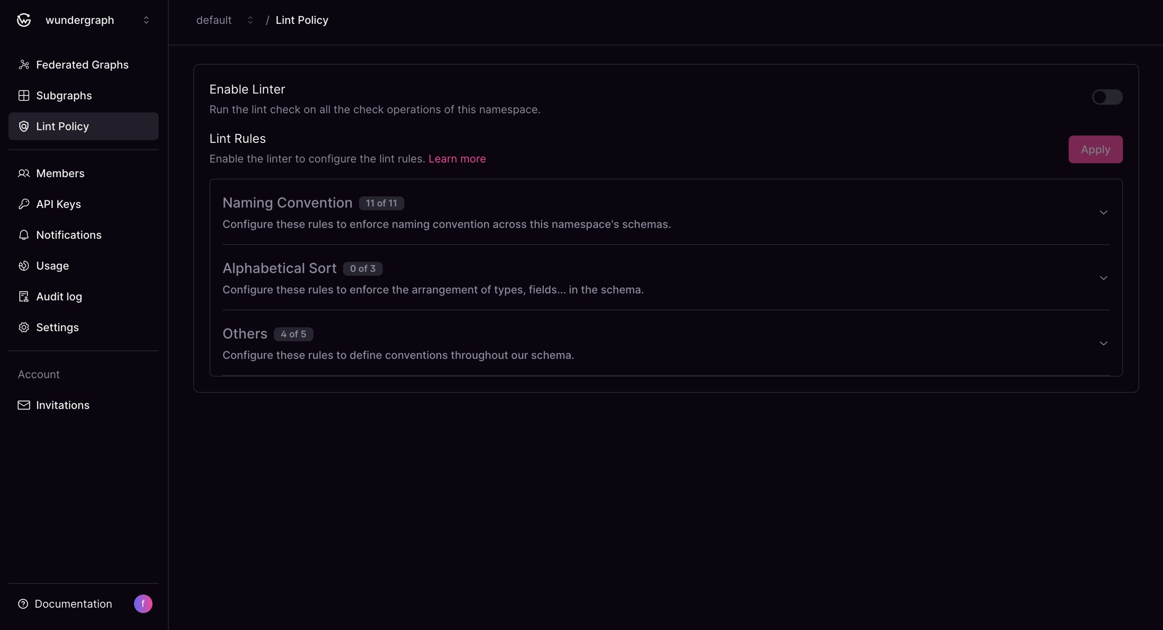 Lint Policy enabled with Apply option Lint Policy section showing Linter enabled and Apply button in Cosmo Docs