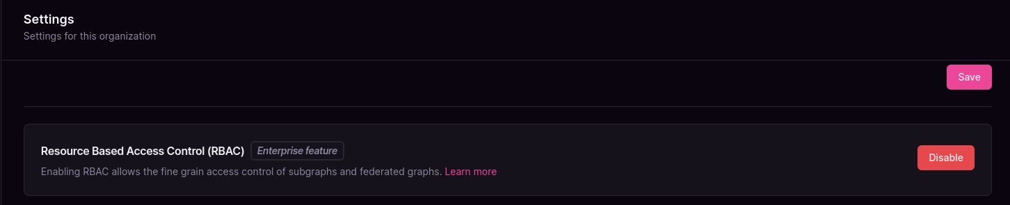 RBAC settings with enable option RBAC settings page showing enable or disable toggle option in organization settings