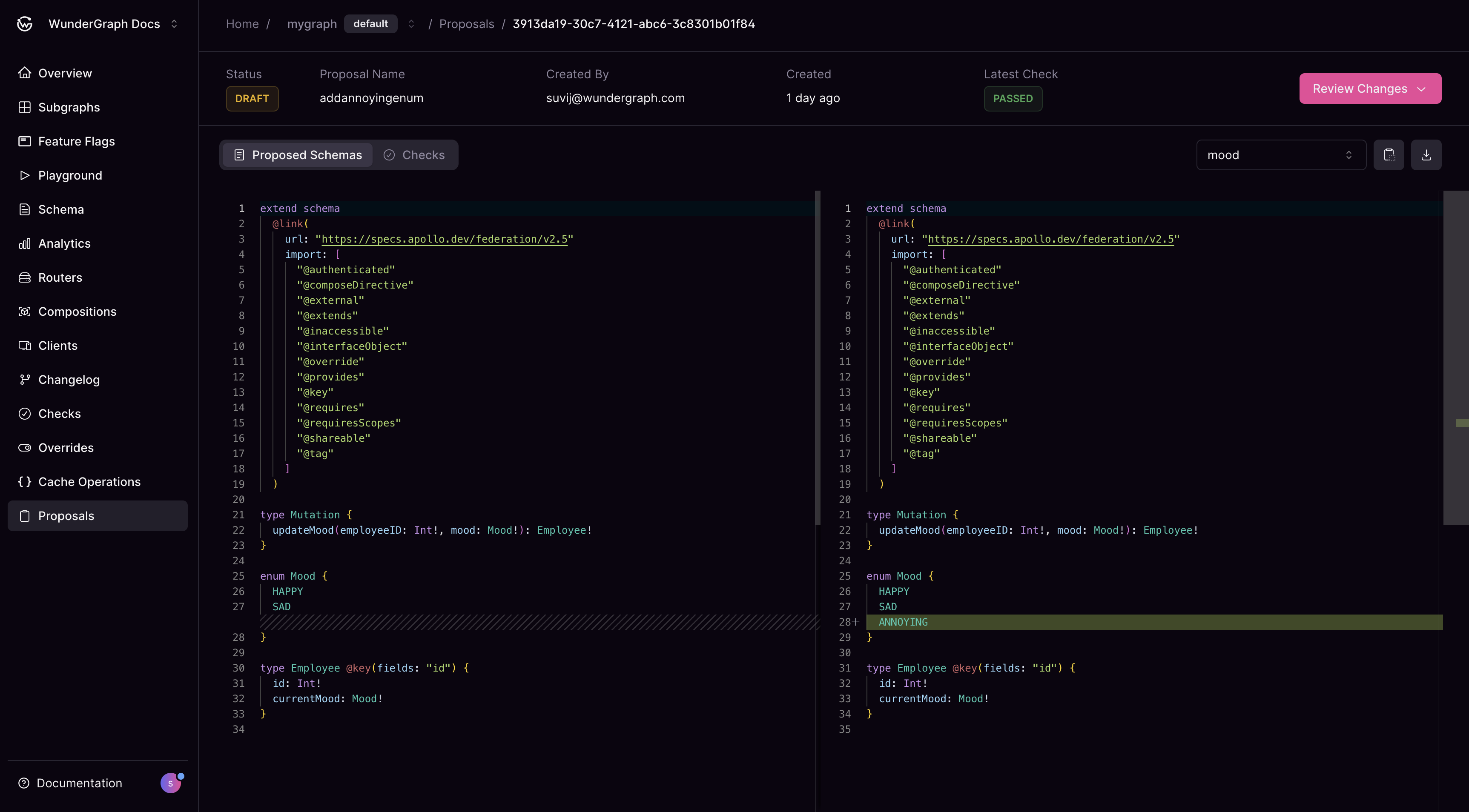 Proposal schema comparison view showing proposed changes