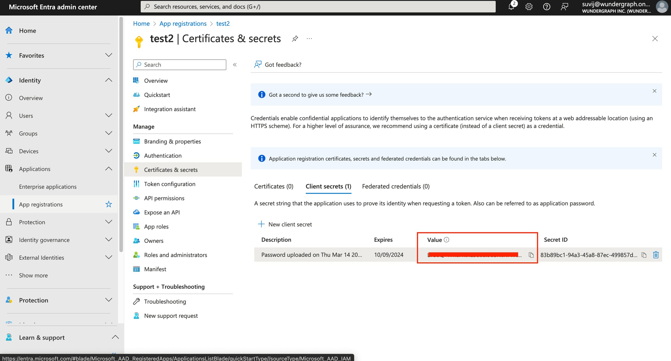 Certificates & secrets with new client secret Microsoft Entra Certificates & secrets showing new client secret created on March 14, 2024