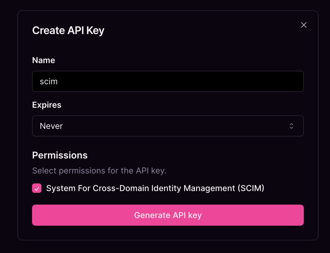 SCIM key generation screen SCIM key generation screen