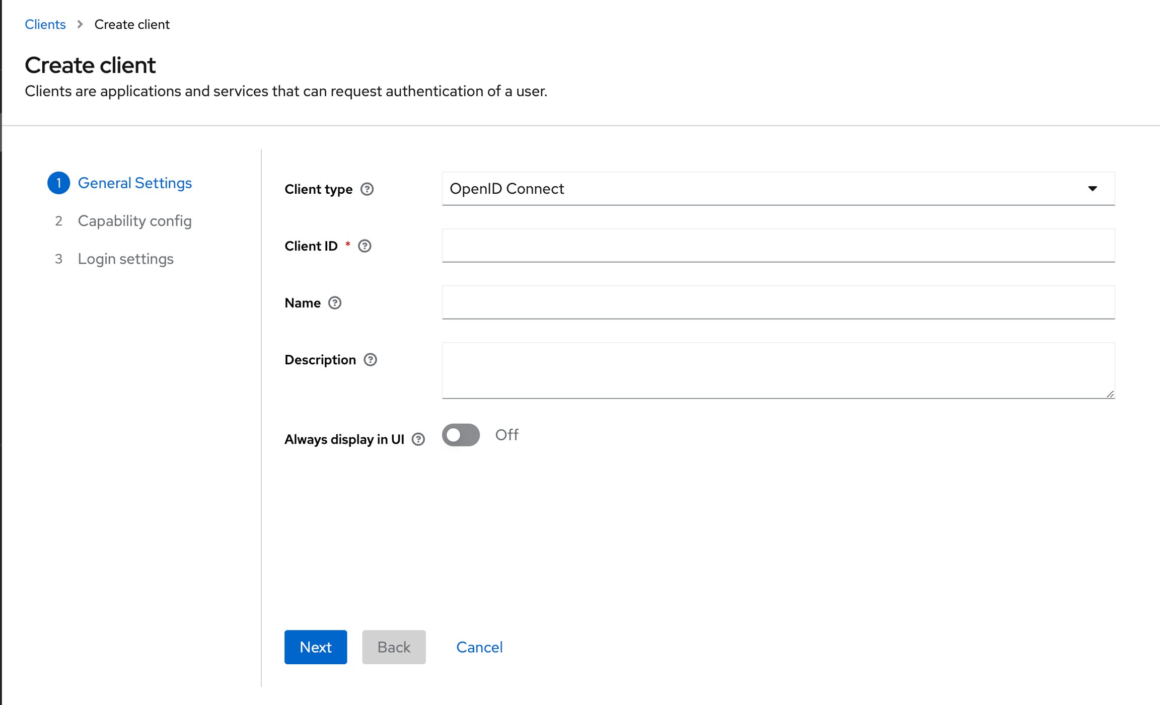 Create OpenID Connect client Create client form for OpenID Connect with general, capability, and login settings