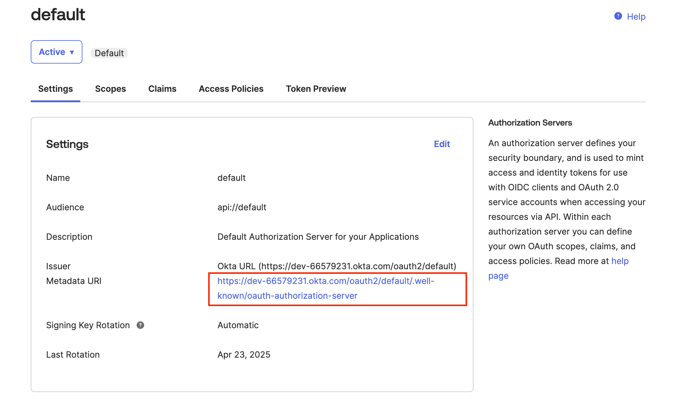 Default authorization server settings highlighting metadata URI in Cosmo Docs