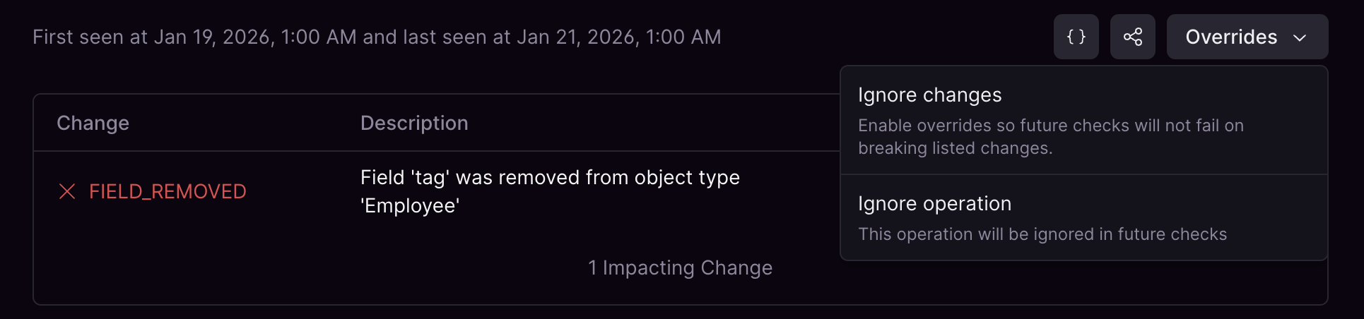 Overrides menu showing Ignore all changes and ignore operation actions for an operation