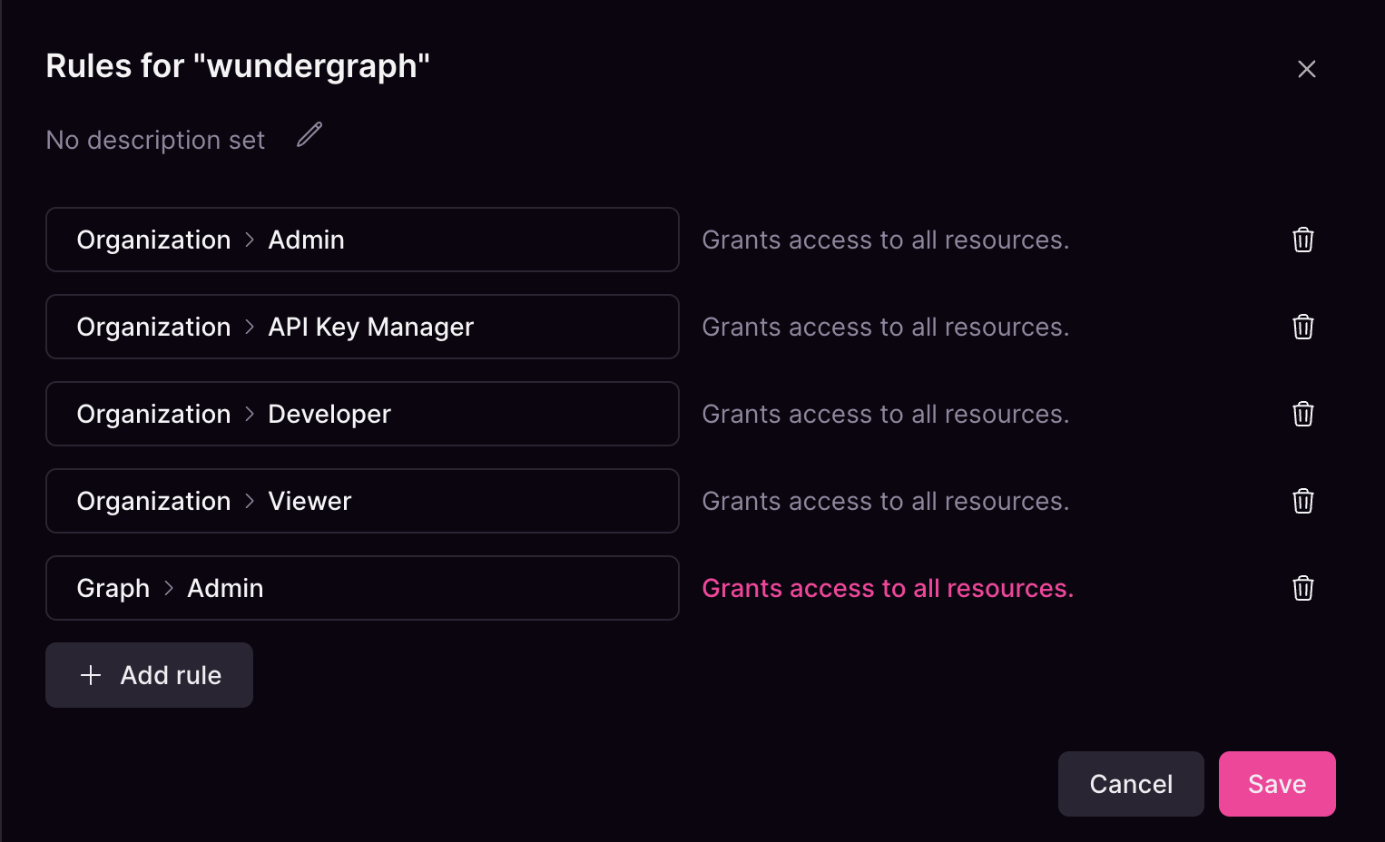 Cosmo Studio settings page showing role permissions for Admin, Developer, and API Key Manager roles.