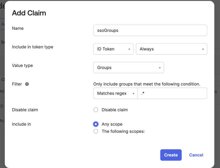 Add Claim dialog for ssoGroups with filters, scopes, and create button