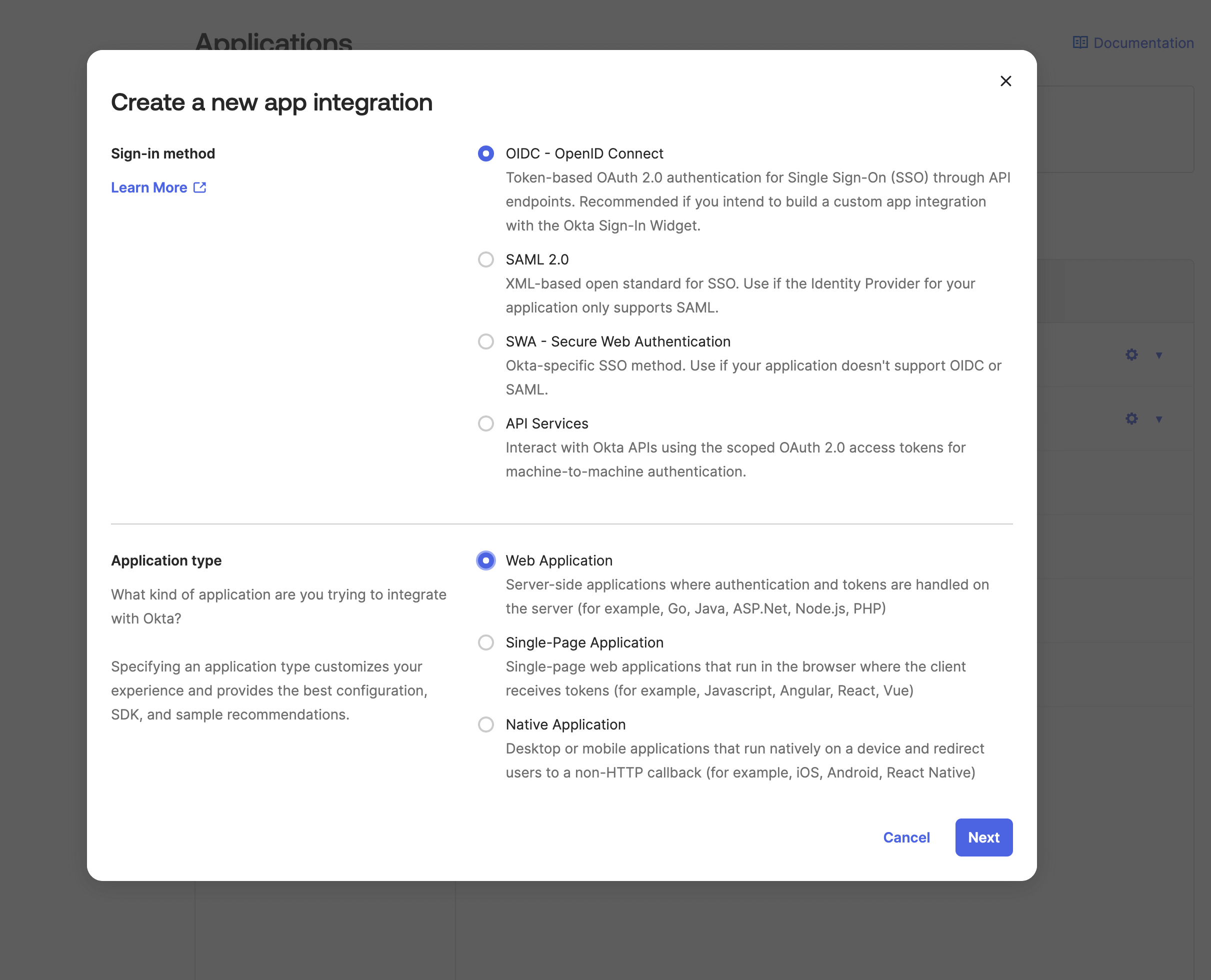 Create new app integration page for selecting sign-in method and application type