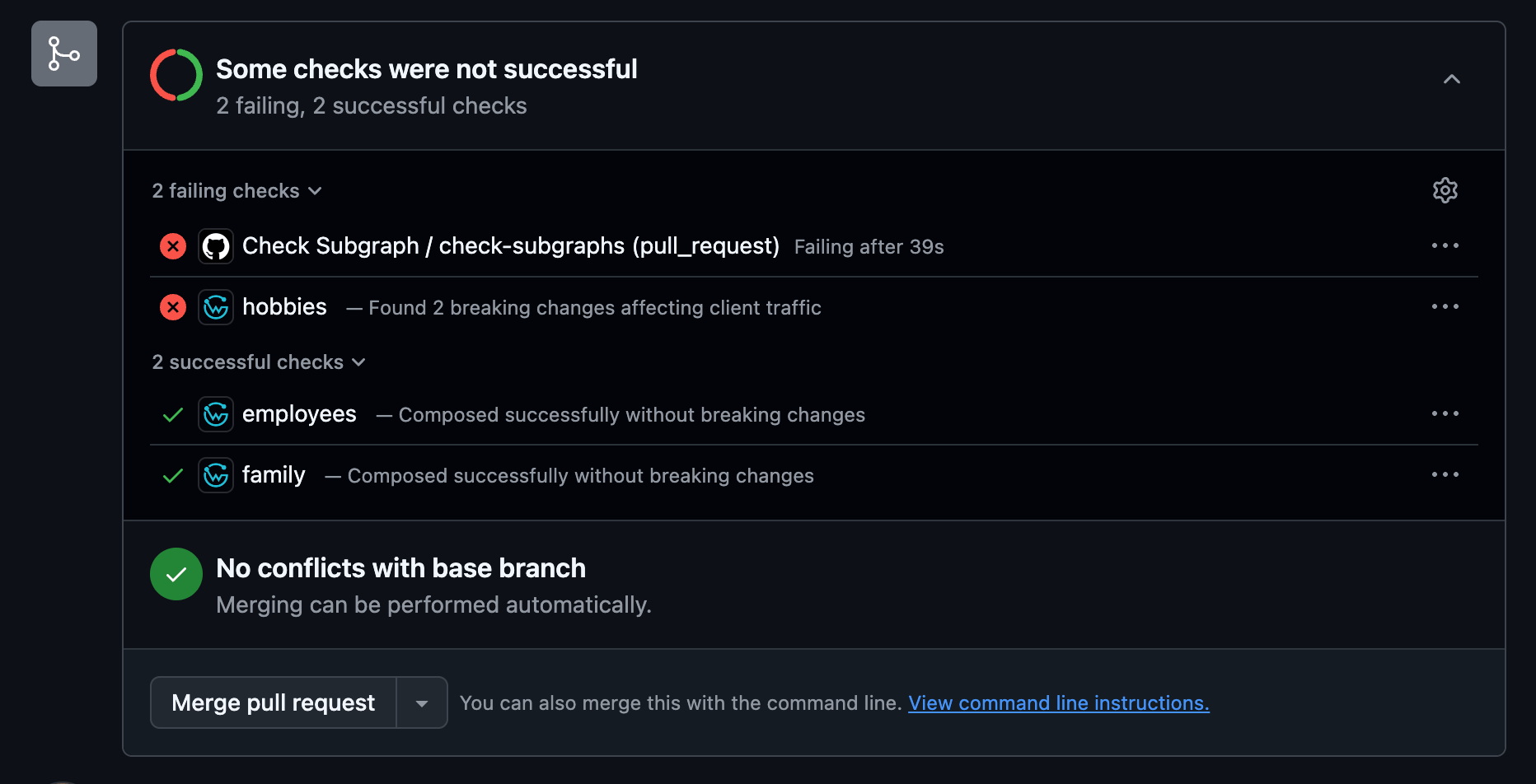 GitHub pull request checks with Cosmo subgraph results: hobbies failing (2 breaking changes), employees and family passing; merge possible.