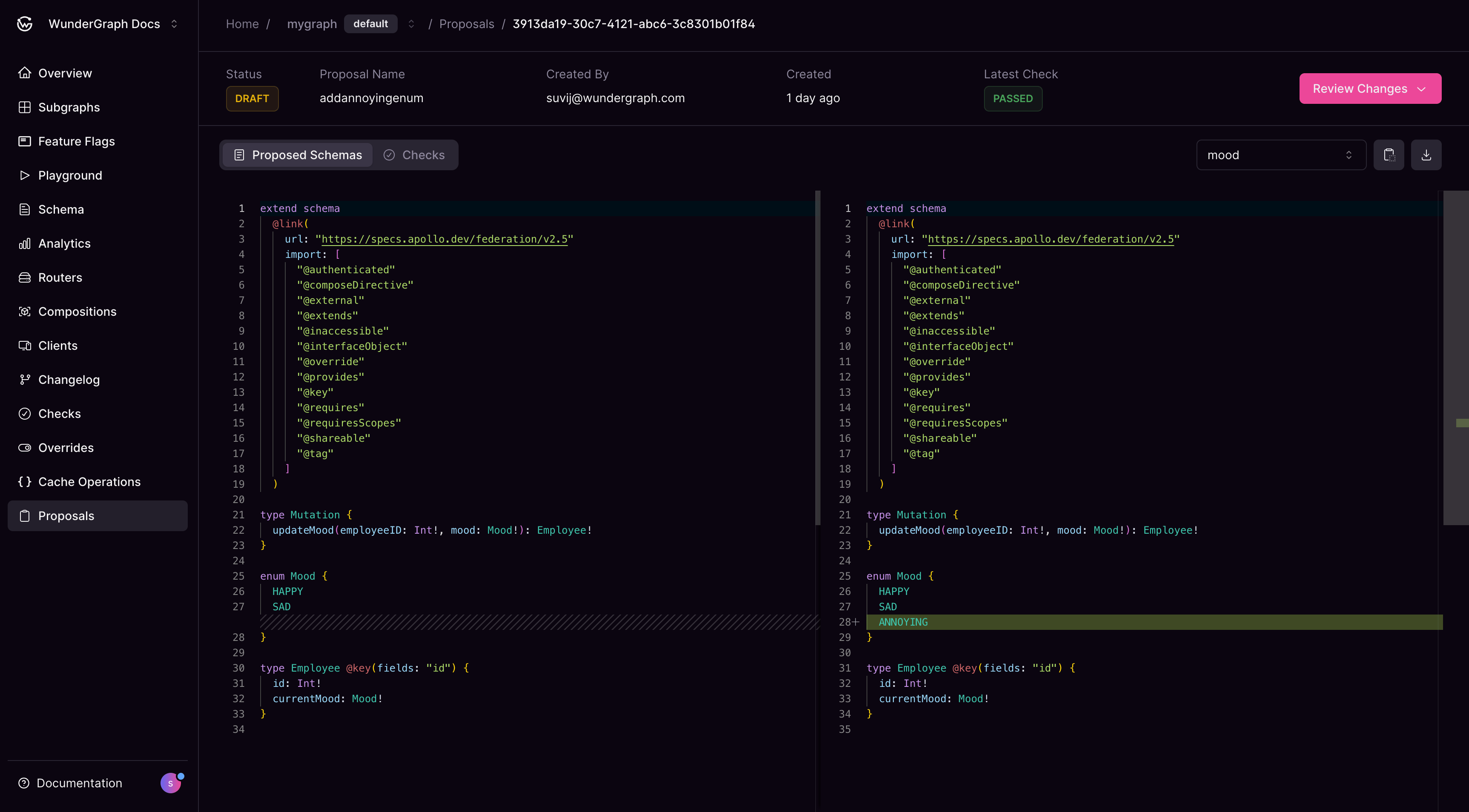 Proposal schema comparison view showing proposed changes