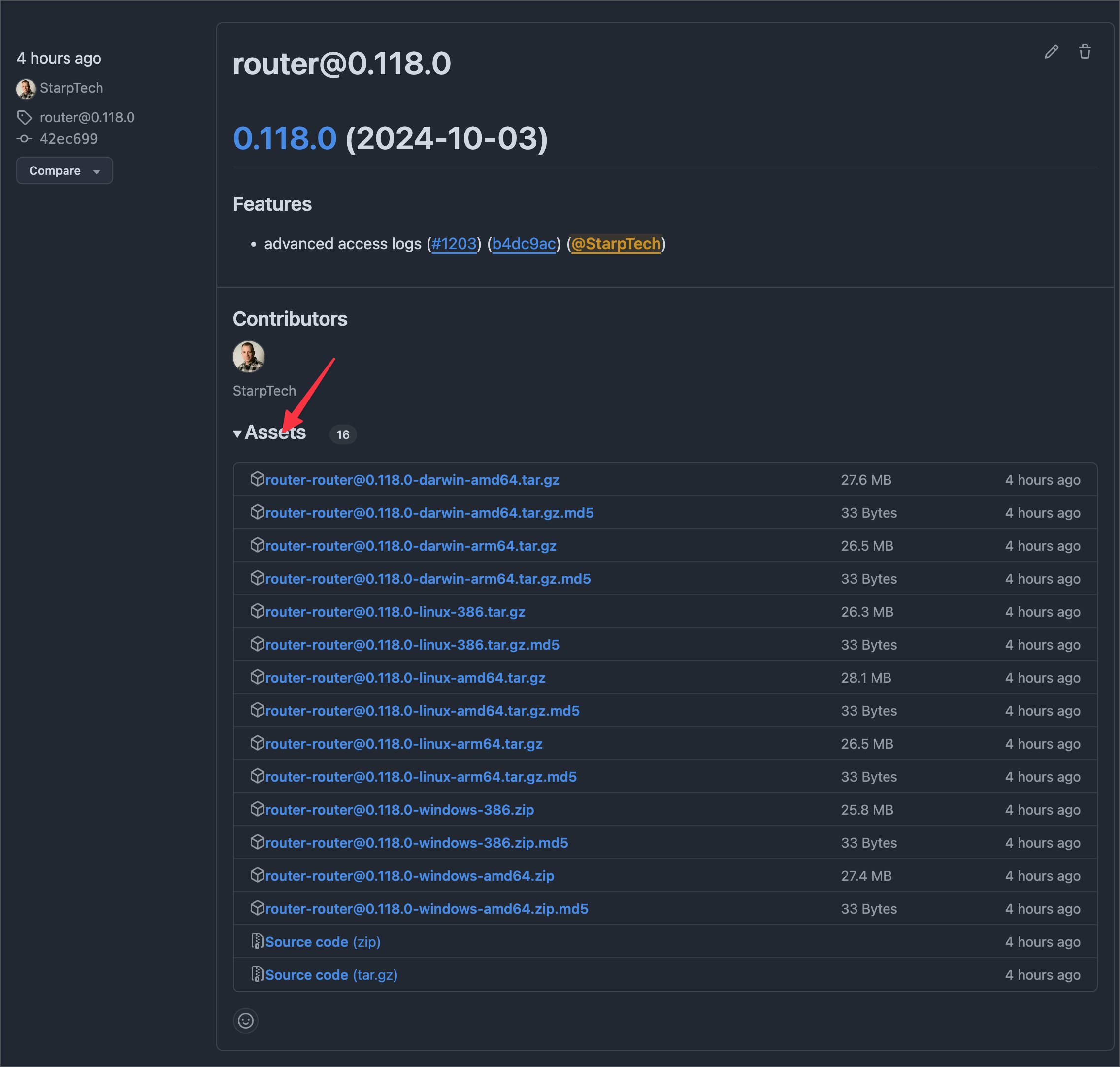 Router release page with downloadable binaries under Assets. GitHub release page showing the router version with the expandable Assets section highlighted.