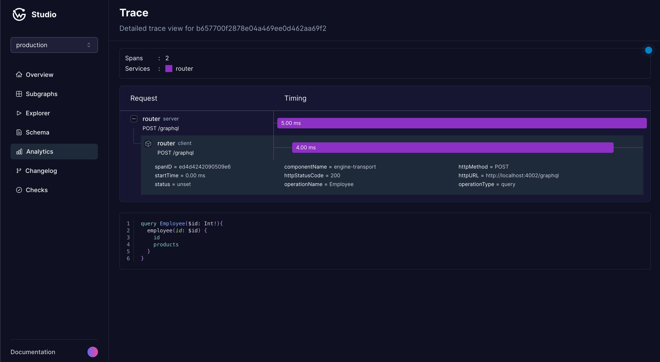 Router trace view with latency metrics Router trace view with latency metrics
