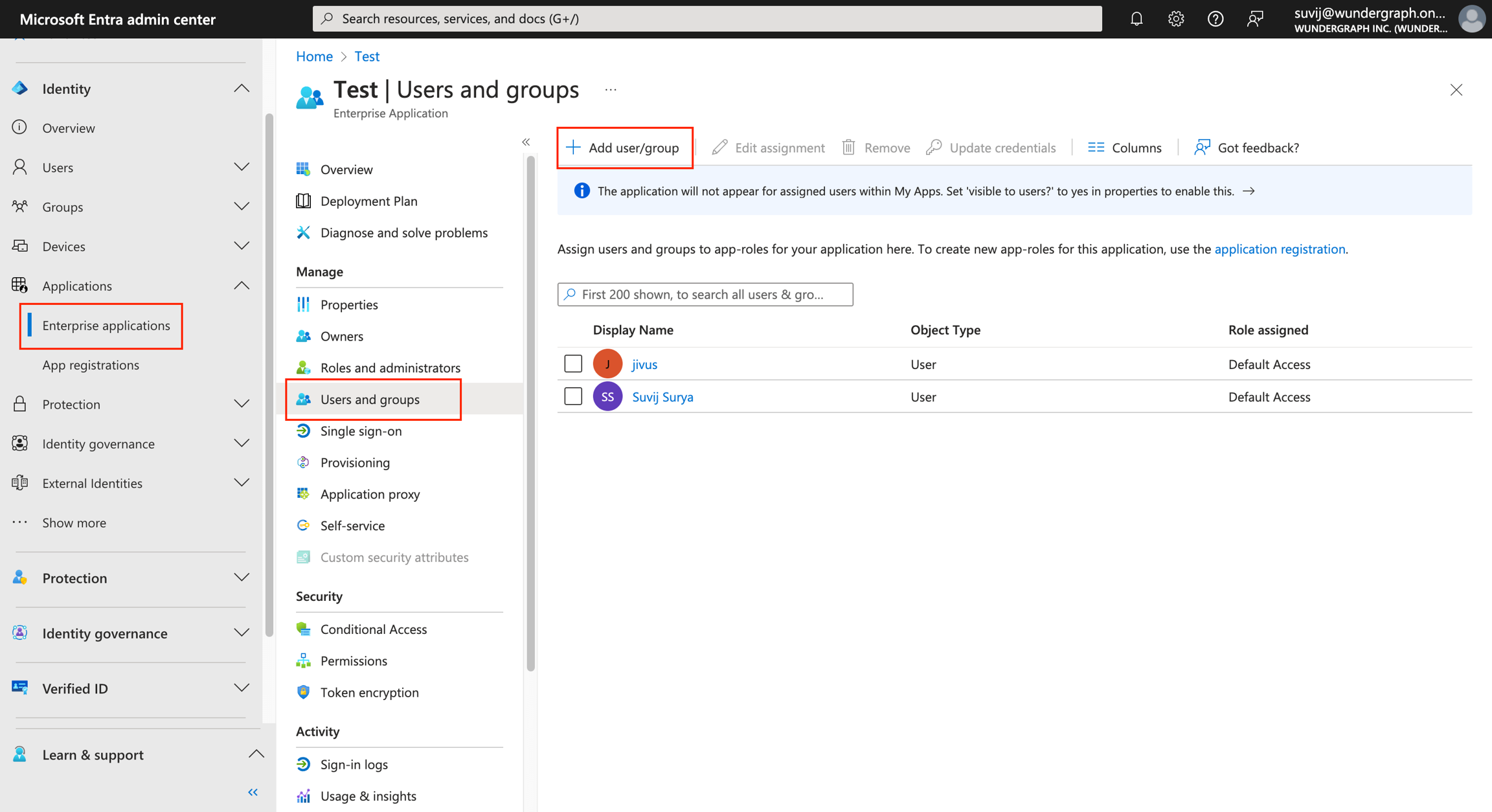 Microsoft Entra Users and groups section showing Add user/group button