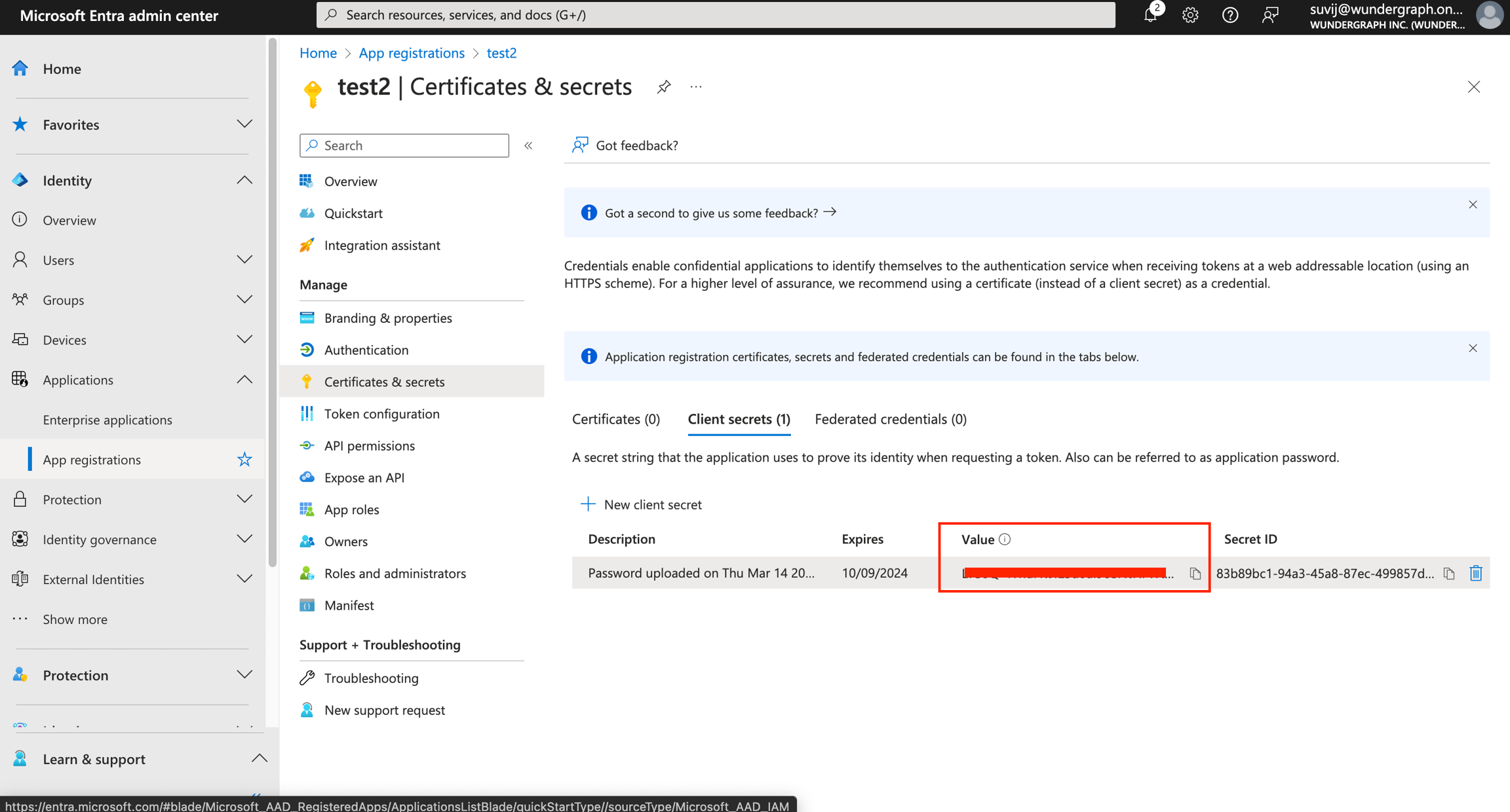 Microsoft Entra Certificates & secrets showing new client secret created on March 14, 2024