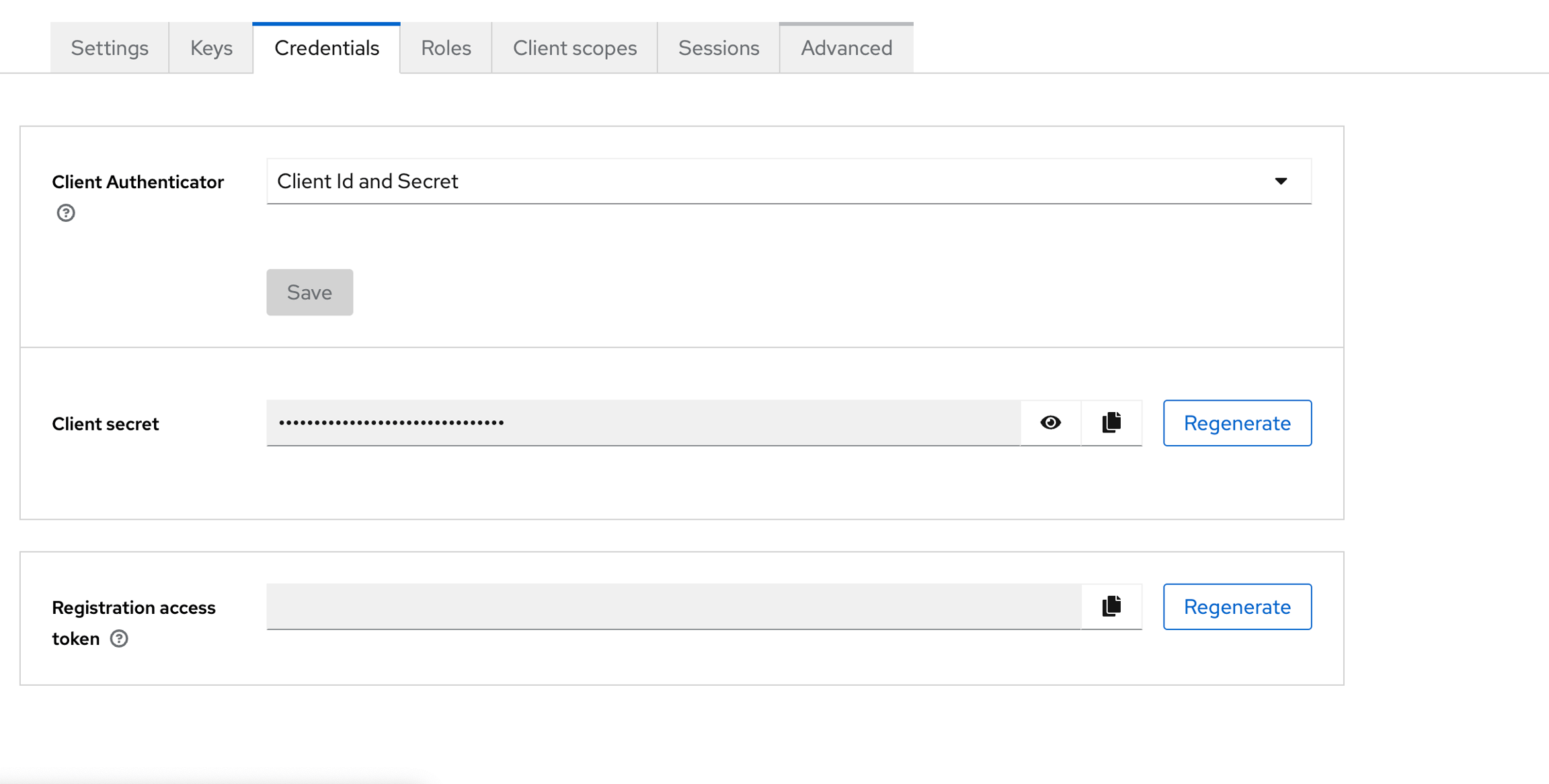 Client Authenticator settings showing client ID, secret, and regenerate option