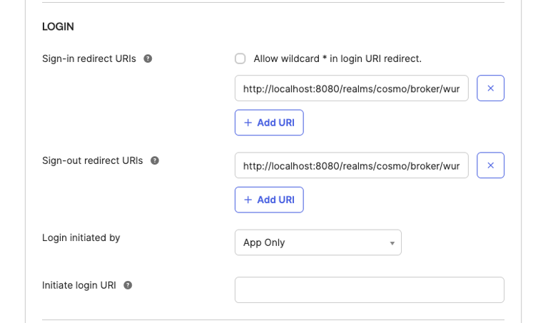 Login configuration specifying sign-in and sign-out redirect URIs and login initiator