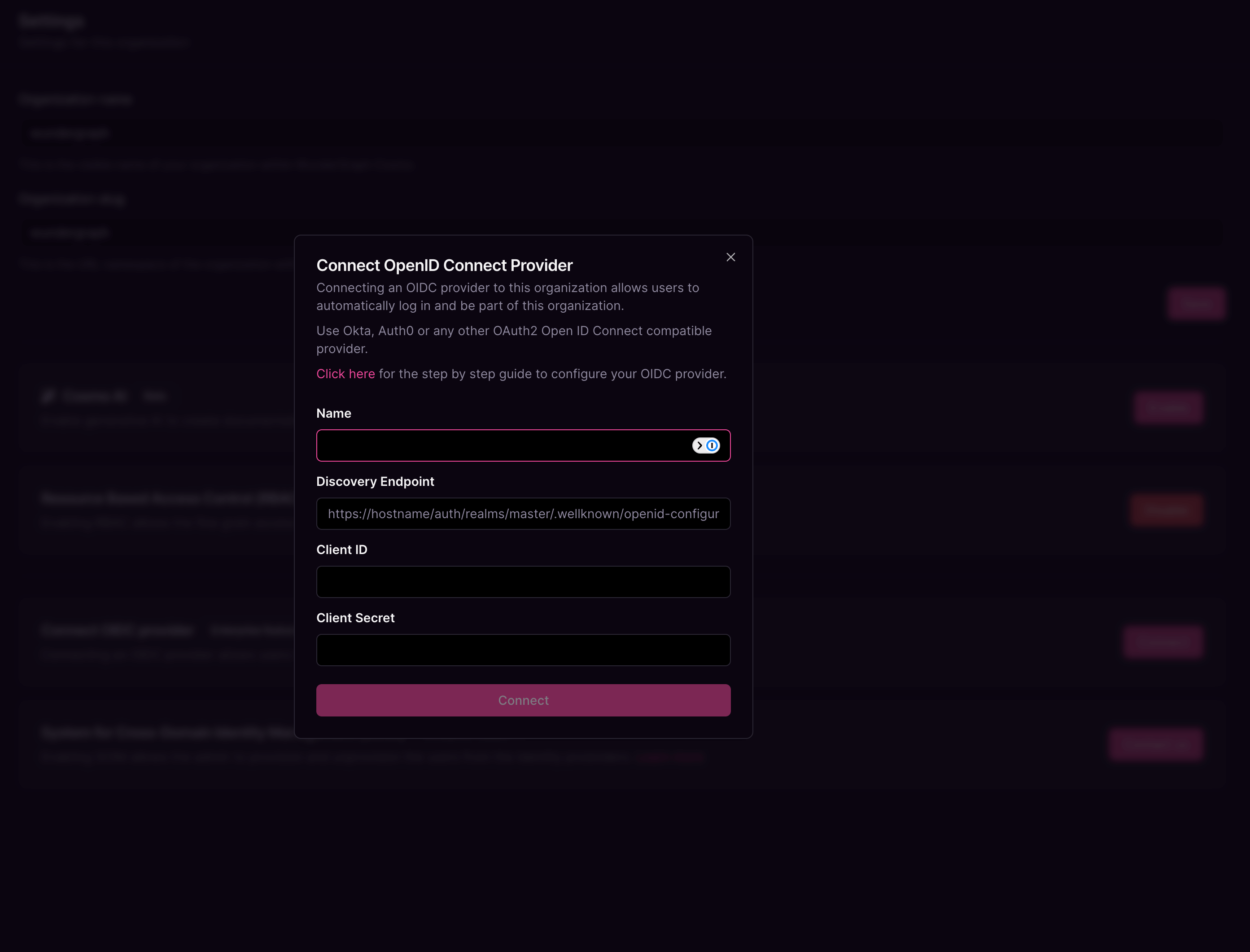 Connect OpenID Connect Provider form with fields for name, endpoint, and credentials