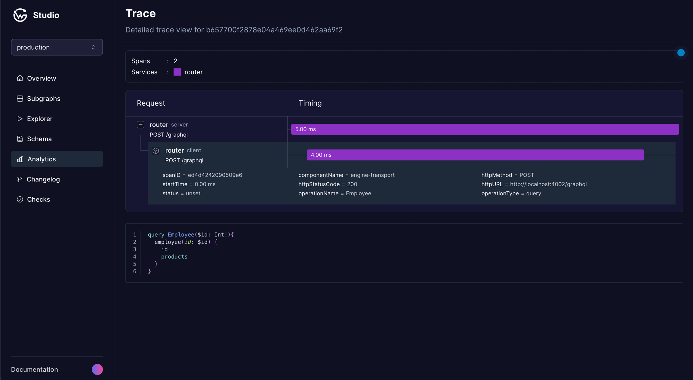 Router trace view with latency metrics